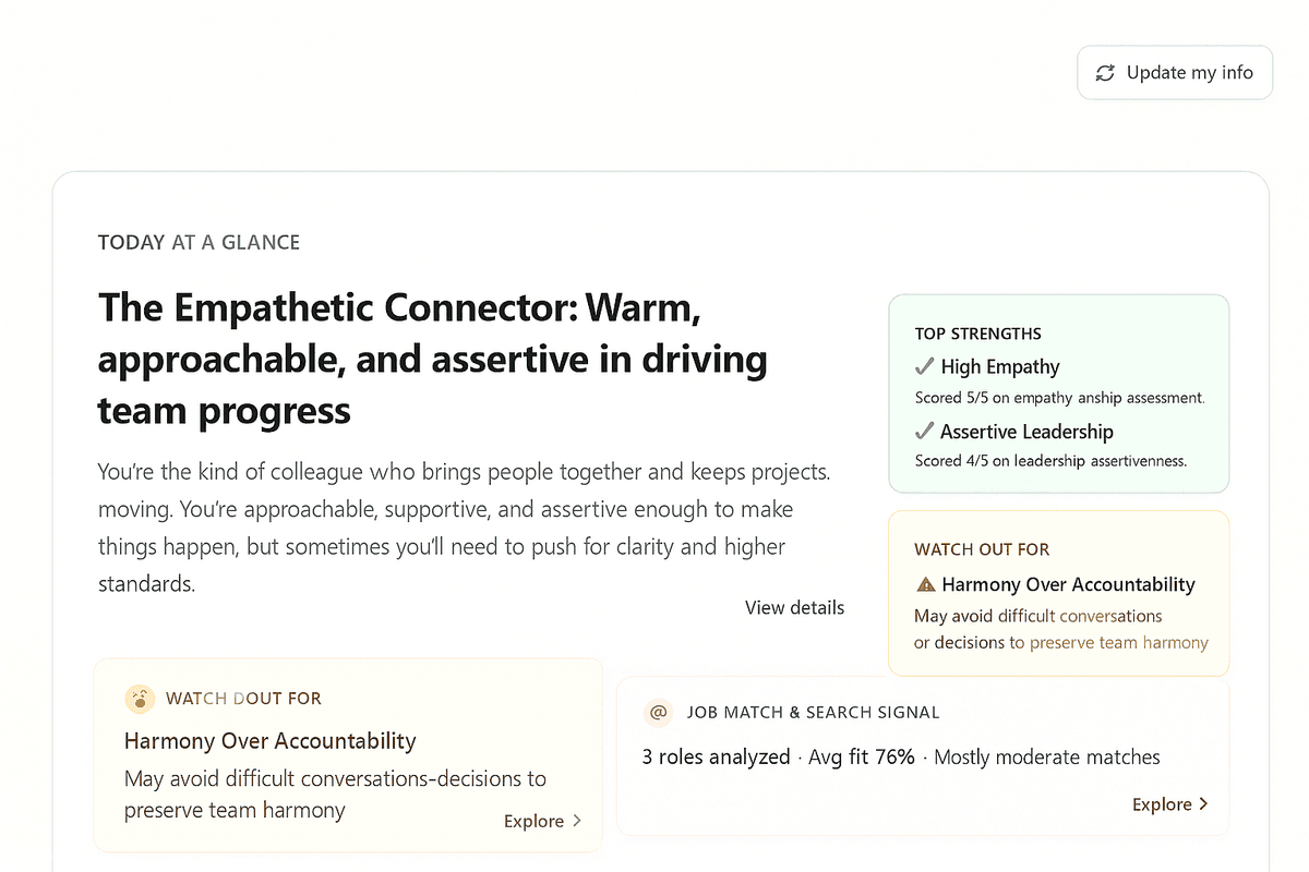 Sage dashboard preview UI showing personalized career insights